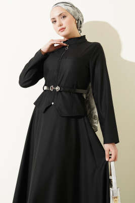 Kemerli Fermuarlı Basic Etekli Takım Siyah - İkili Takım