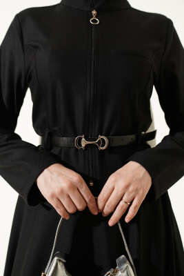 Kemerli Fermuarlı Basic Etekli Takım Siyah - İkili Takım