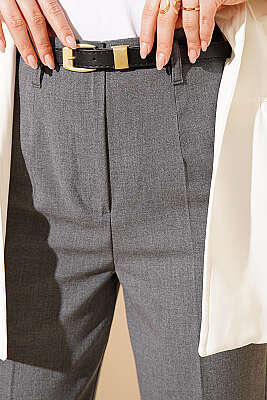 Kemerli Fermuarlı Dar Paça Pantolon Füme - Pantolon