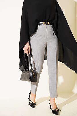 Kemerli Fermuarlı Dar Paça Pantolon Gri - WENNA DESIGN