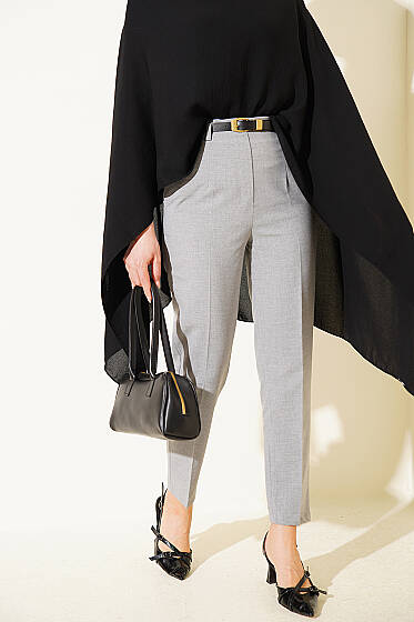 Kemerli Fermuarlı Dar Paça Pantolon Gri - Pantolon