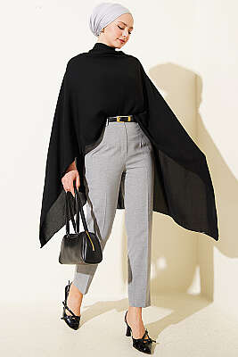 Kemerli Fermuarlı Dar Paça Pantolon Gri - Pantolon