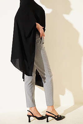 Kemerli Fermuarlı Dar Paça Pantolon Gri - Pantolon