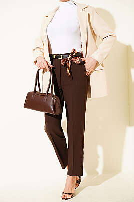 Kemerli Fermuarlı Dar Paça Pantolon Kahve - WENNA DESIGN