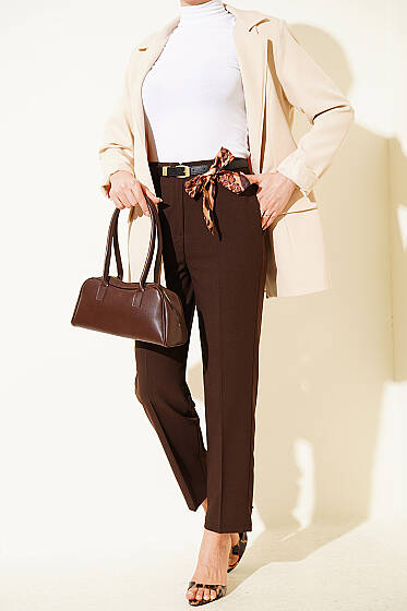 Kemerli Fermuarlı Dar Paça Pantolon Kahve - Pantolon