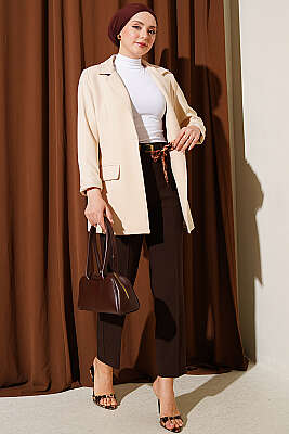 Kemerli Fermuarlı Dar Paça Pantolon Kahve - Pantolon