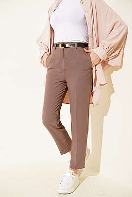 Kemerli Fermuarlı Dar Paça Pantolon Vizon - WENNA DESIGN