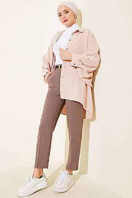 Kemerli Fermuarlı Dar Paça Pantolon Vizon - Pantolon