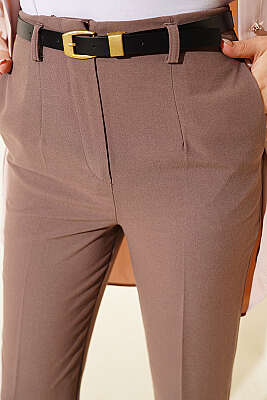 Kemerli Fermuarlı Dar Paça Pantolon Vizon - Pantolon