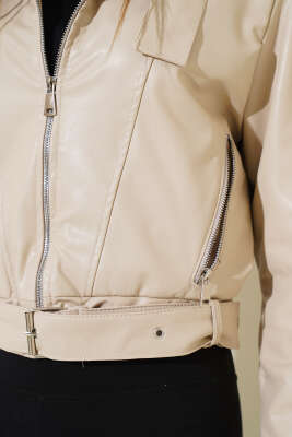 Kemerli Fermuarlı Kısa Deri Ceket Bej - Kadın Giyim Modelleri