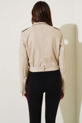 Kemerli Fermuarlı Kısa Deri Ceket Bej - Kadın Giyim Modelleri
