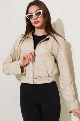Kemerli Fermuarlı Kısa Deri Ceket Bej - Kadın Giyim Modelleri