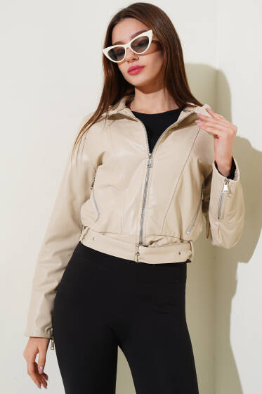 Kemerli Fermuarlı Kısa Deri Ceket Bej - Yeni Giyim