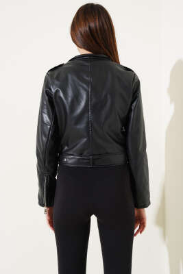 Kemerli Fermuarlı Kısa Deri Ceket Siyah - Kadın Giyim Modelleri