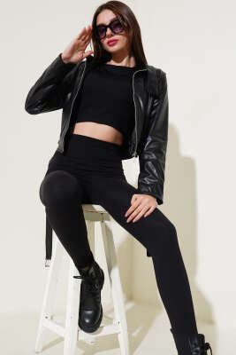Kemerli Fermuarlı Kısa Deri Ceket Siyah - Kadın Giyim Modelleri