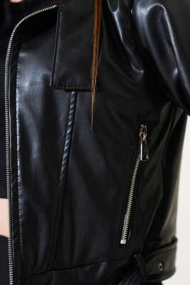 Kemerli Fermuarlı Kısa Deri Ceket Siyah - Kadın Giyim Modelleri