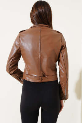 Kemerli Fermuarlı Kısa Deri Ceket Taba - Kadın Giyim Modelleri