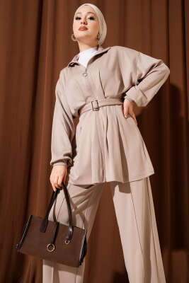 Kemerli Fermuarlı Loyşa Takım Bej - İkili Takım