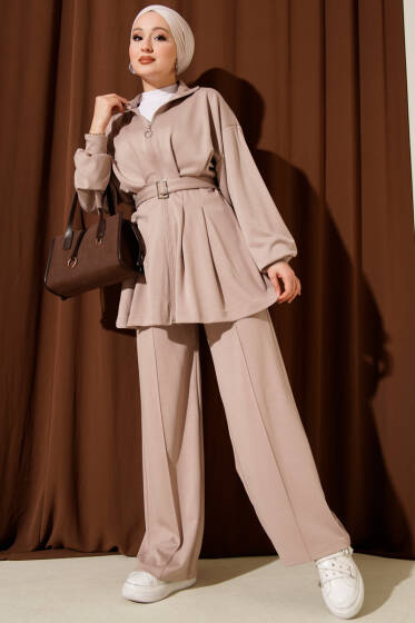 Kemerli Fermuarlı Oysho Takım Bej - İkili Takım
