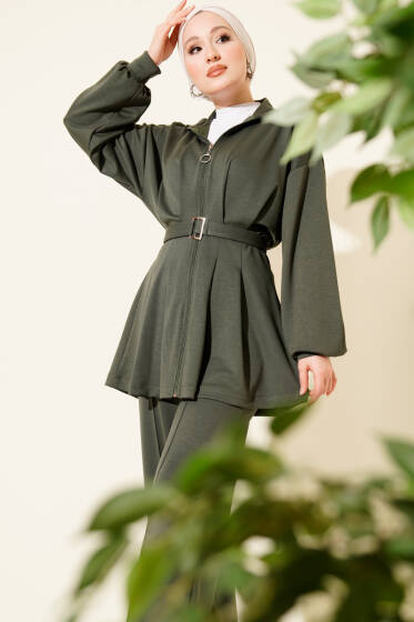 Kemerli Fermuarlı Oysho Takım Haki - İkili Takım