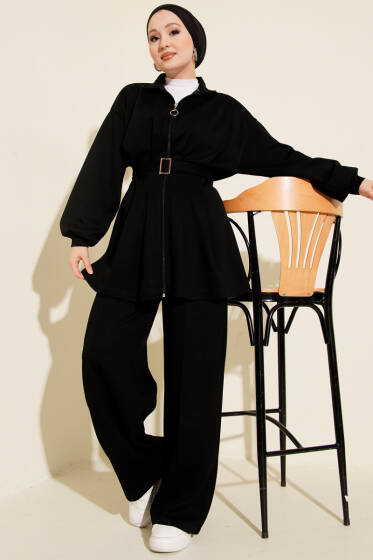 Kemerli Fermuarlı Oysho Takım Siyah - İkili Takım