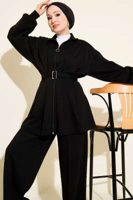 Kemerli Fermuarlı Oysho Takım Siyah - İkili Takım