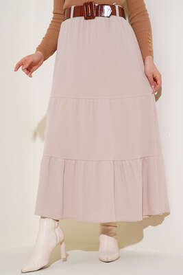 Kemerli Fitilli Etek Bej - Uzun Etek