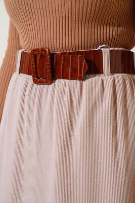 Kemerli Fitilli Etek Bej - Uzun Etek