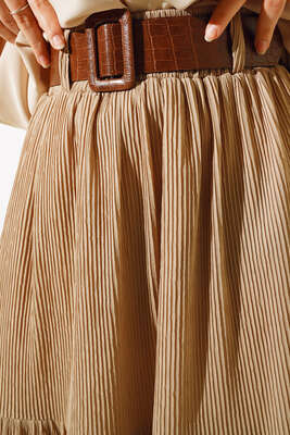 Kemerli Fitilli Etek Camel - Uzun Etek