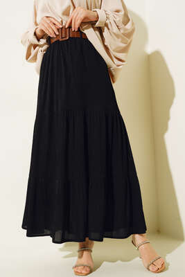 Kemerli Fitilli Etek Siyah - Uzun Etek