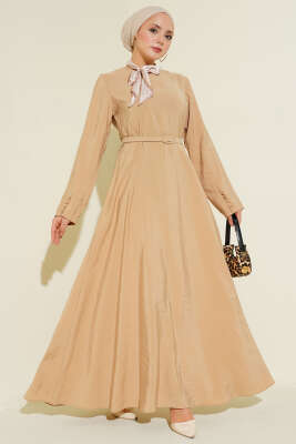 Kemerli Fularlı Tensel Elbise Bej - BERAT TEKSTİL