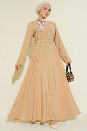 Kemerli Fularlı Tensel Elbise Bej - Elbise