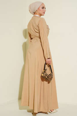 Kemerli Fularlı Tensel Elbise Bej - Elbise