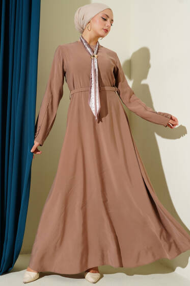 Kemerli Fularlı Tensel Elbise Latte - Elbise