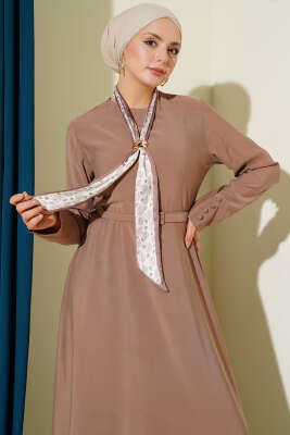 Kemerli Fularlı Tensel Elbise Latte - Elbise