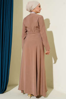 Kemerli Fularlı Tensel Elbise Latte - Elbise