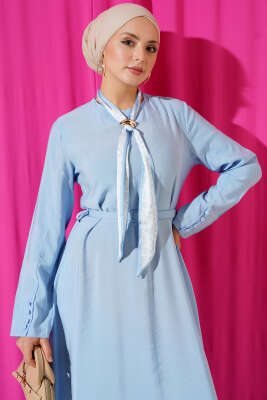 Kemerli Fularlı Tensel Elbise Mavi - Elbise