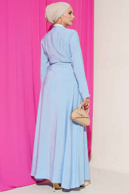 Kemerli Fularlı Tensel Elbise Mavi - Elbise