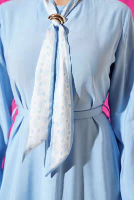 Kemerli Fularlı Tensel Elbise Mavi - Elbise