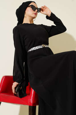 Kemerli Fularlı Tensel Elbise Siyah - BERAT TEKSTİL