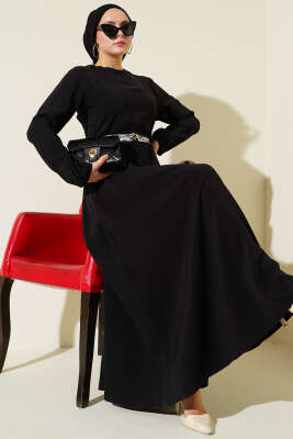 Kemerli Fularlı Tensel Elbise Siyah - Elbise