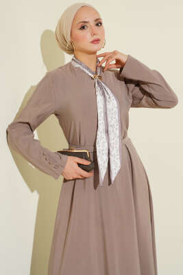 Kemerli Fularlı Tensel Elbise Vizon - Elbise