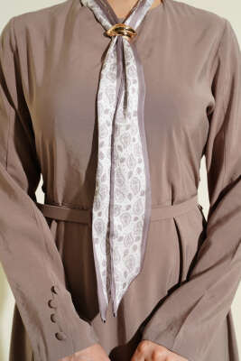 Kemerli Fularlı Tensel Elbise Vizon - Elbise