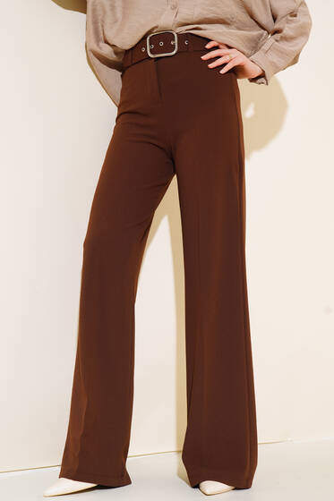 Kemerli Geniş Paça Pantolon Kahve - Pantolon