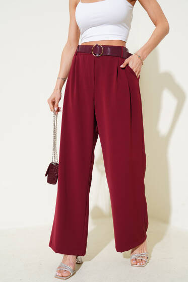 Kemerli Geniş Paça Salaş Pantolon Bordo - Kadın Giyim Modelleri