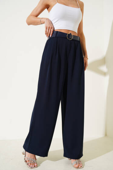 Kemerli Geniş Paça Salaş Pantolon Lacivert - Kadın Giyim Modelleri