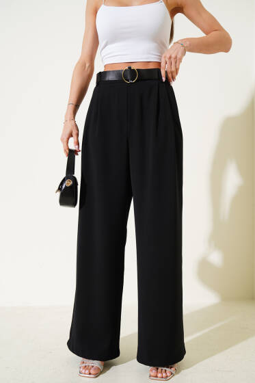 Kemerli Geniş Paça Salaş Pantolon Siyah - Kadın Giyim Modelleri