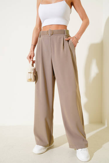 Kemerli Geniş Paça Salaş Pantolon Vizon - Kadın Giyim Modelleri