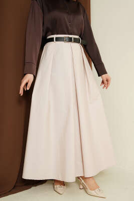 Kemerli Geniş Pileli Poplin Etek Bej - VAV TEKSTİL