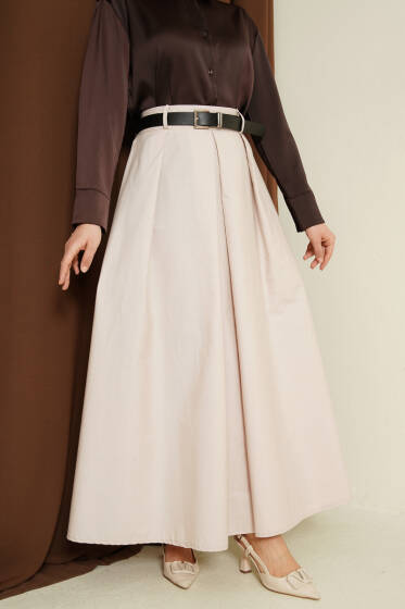 Kemerli Geniş Pileli Poplin Etek Bej - Etek